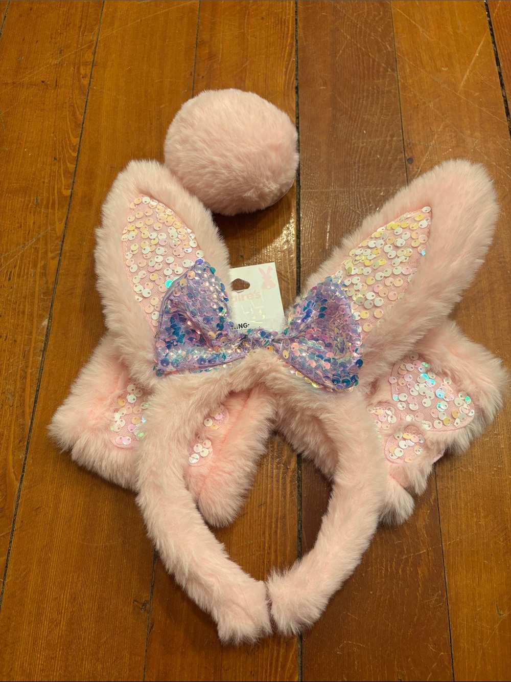 NWT-Pink Fuzzy Bunny Ear Headband, Paws & Tail with Iridescent Sequin Bow